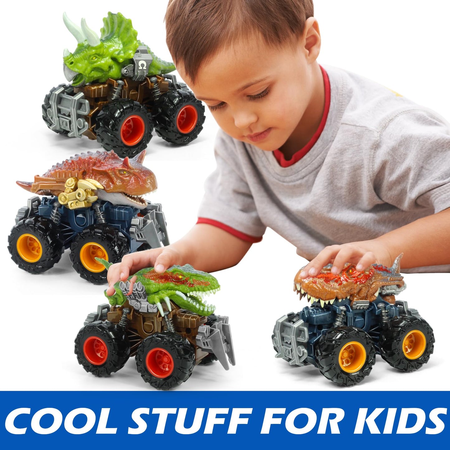 Oriate T-rex Dinosaur Toy Cars for Kids 3-8, Friction Powered Monster Truck with Mechanical Motor, Push n Go Car Stunt Play Part