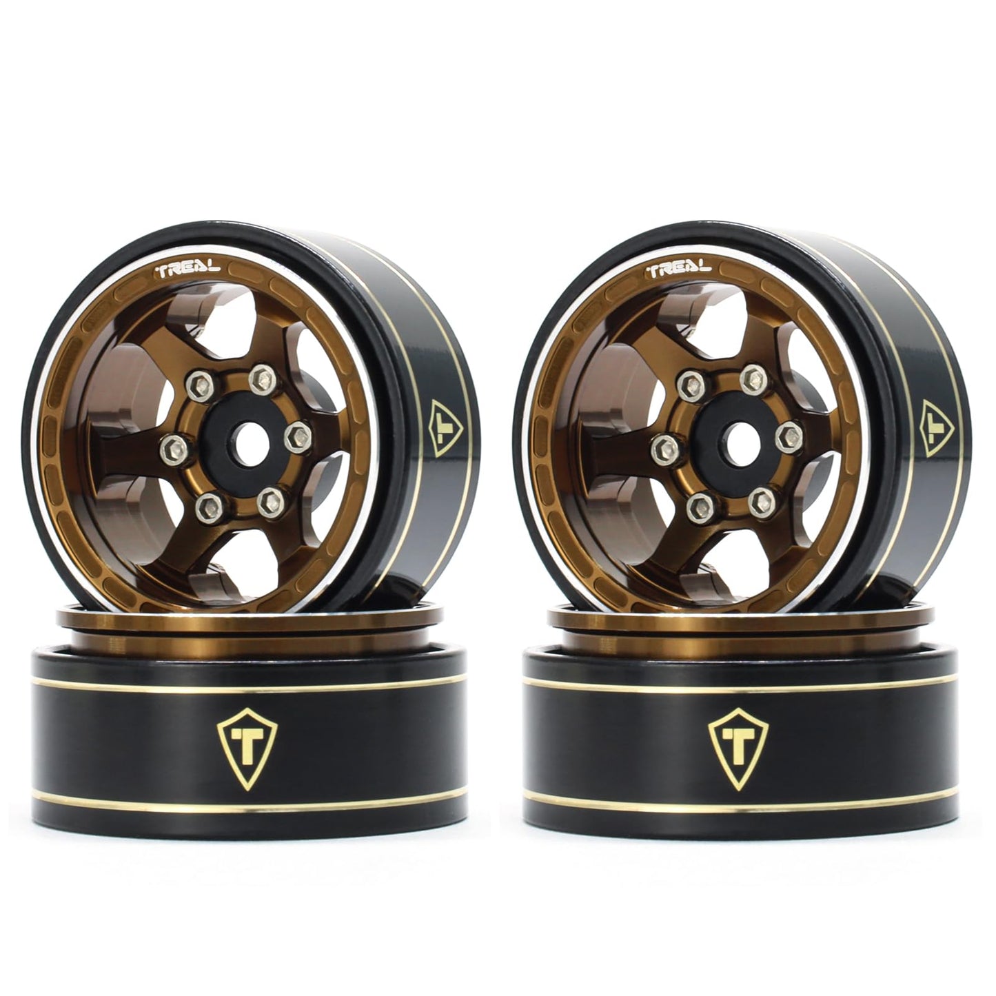 TREAL SCX24 Wheels 1.0 Beadlock Wheels (4P) Scale-Look Concave Six Spoke Rim Crawler Wheels for Axial SCX24 -Type D (Bronze)