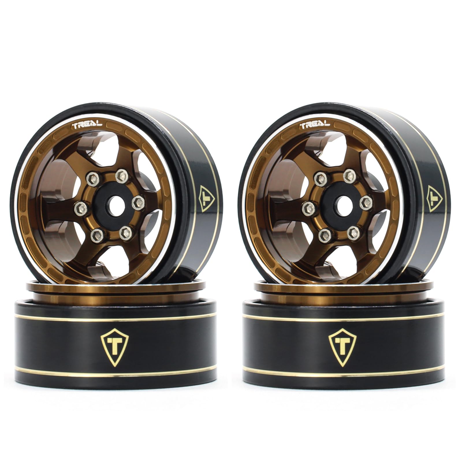 TREAL SCX24 Wheels 1.0 Beadlock Wheels (4P) Scale-Look Concave Six Spoke Rim Crawler Wheels for Axial SCX24 -Type D (Bronze)