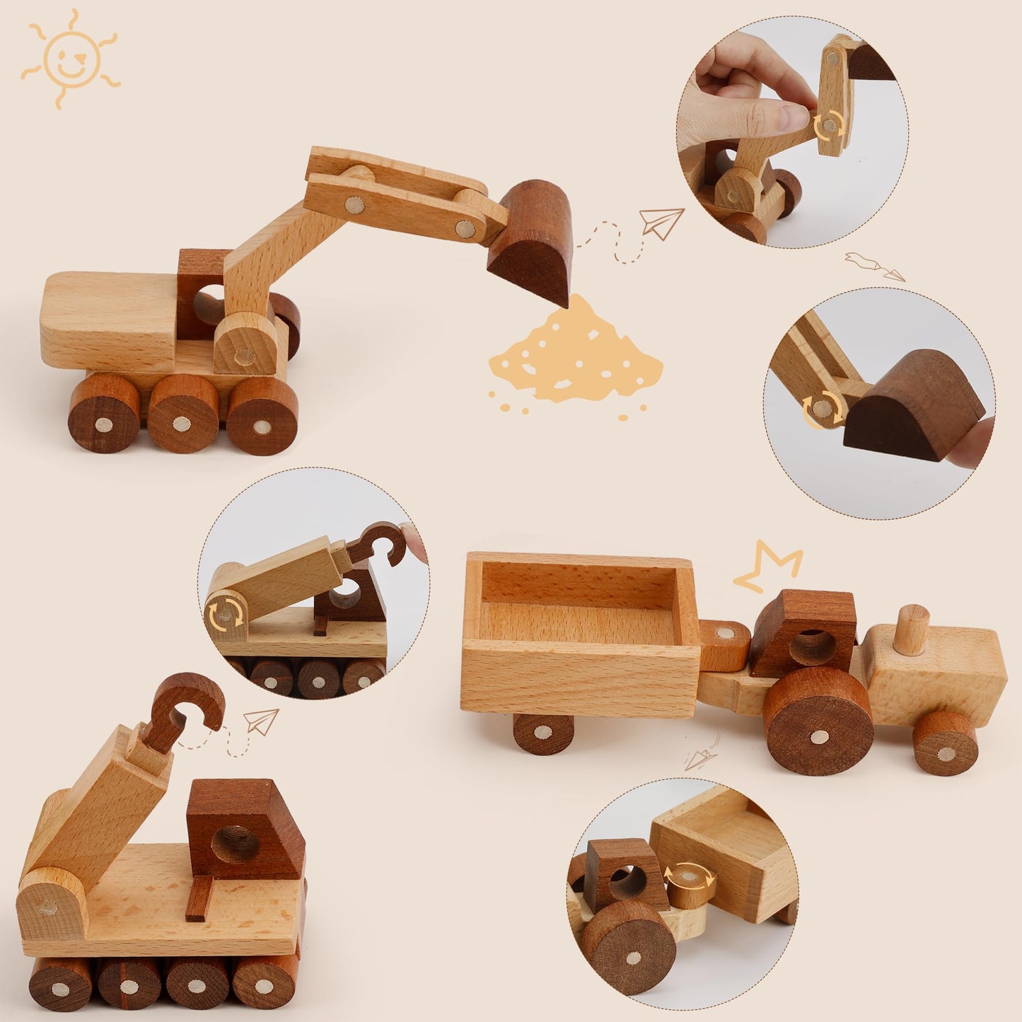 MONT PLEASANT Wooden Toy Construction Vehicle Set of 3  Toddler Montessori Toys Crane Tractor Trailer Excavator Toy Cars with Rolling Wheels  Kids Construction Toys Educational Gift for Boys and Girls