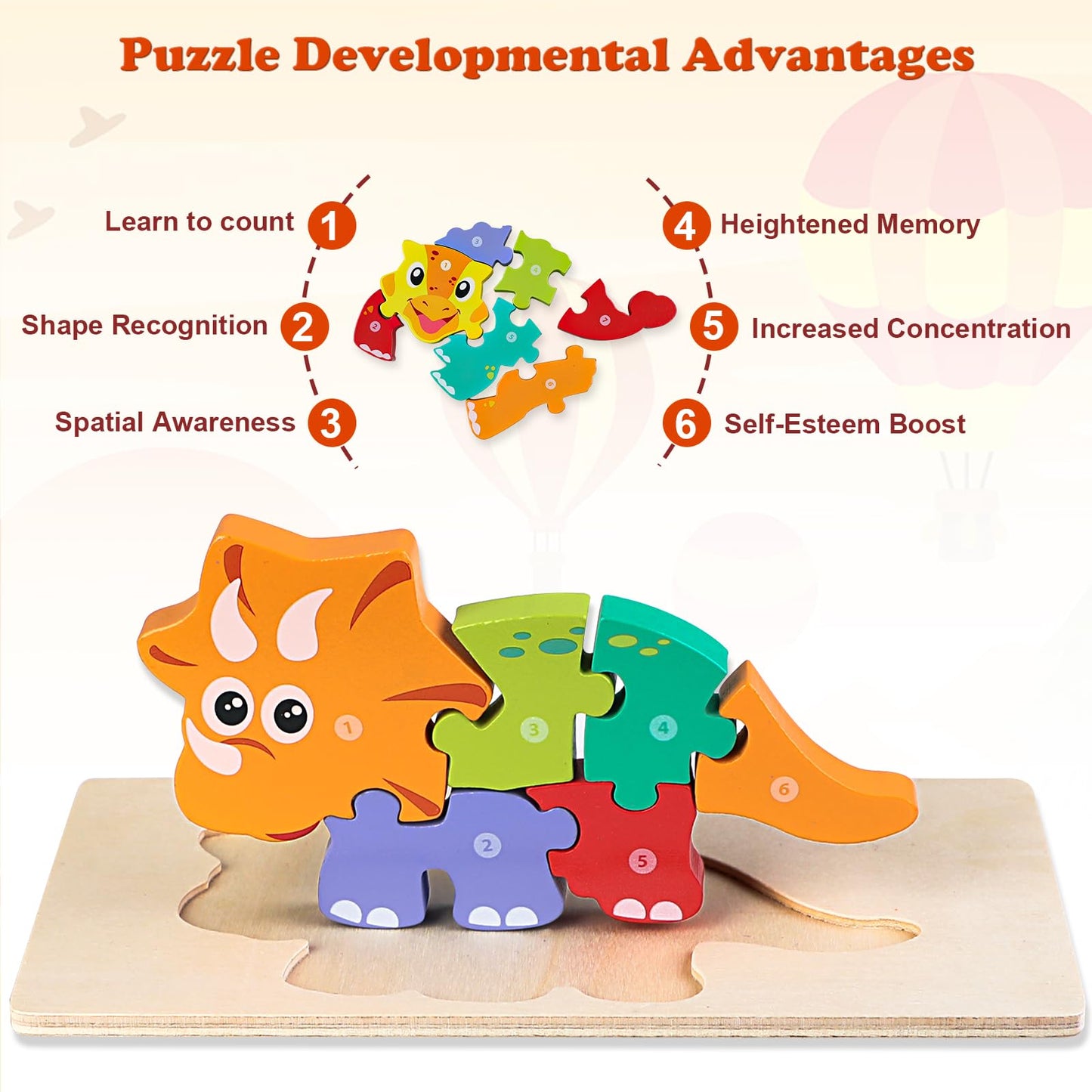 Quanquer 6-Pack Dinosaur Puzzles For Kids Ages 3-5 - Montessori Toys For 2 Year Old - Toddler Wooden Puzzles Toddlers Age 2-4 Boys Girls Gifts