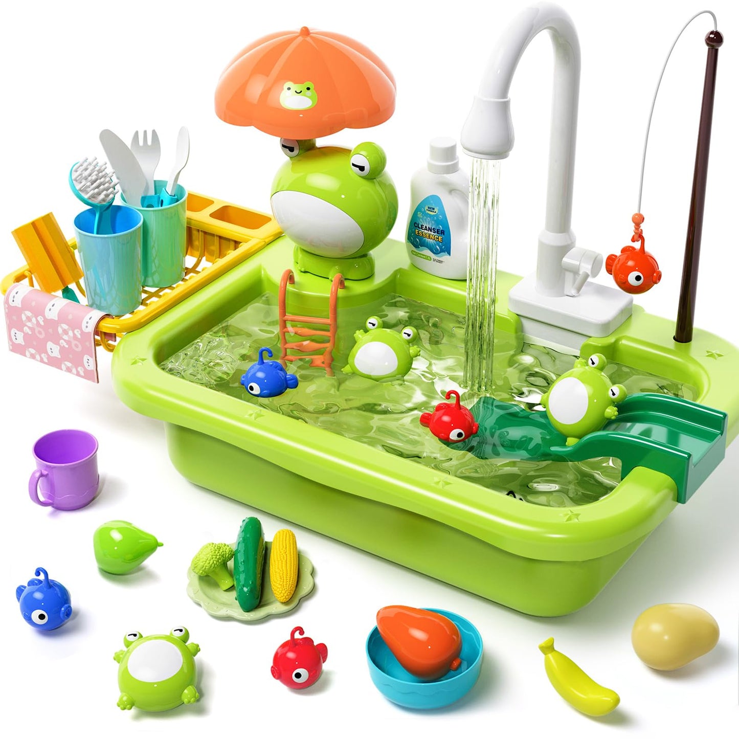Play Sink with Running Water, Kitchen Play Sink Toy with Electric Faucet, Play Kitchen Accessories, Floating Pool Toys & Fishing