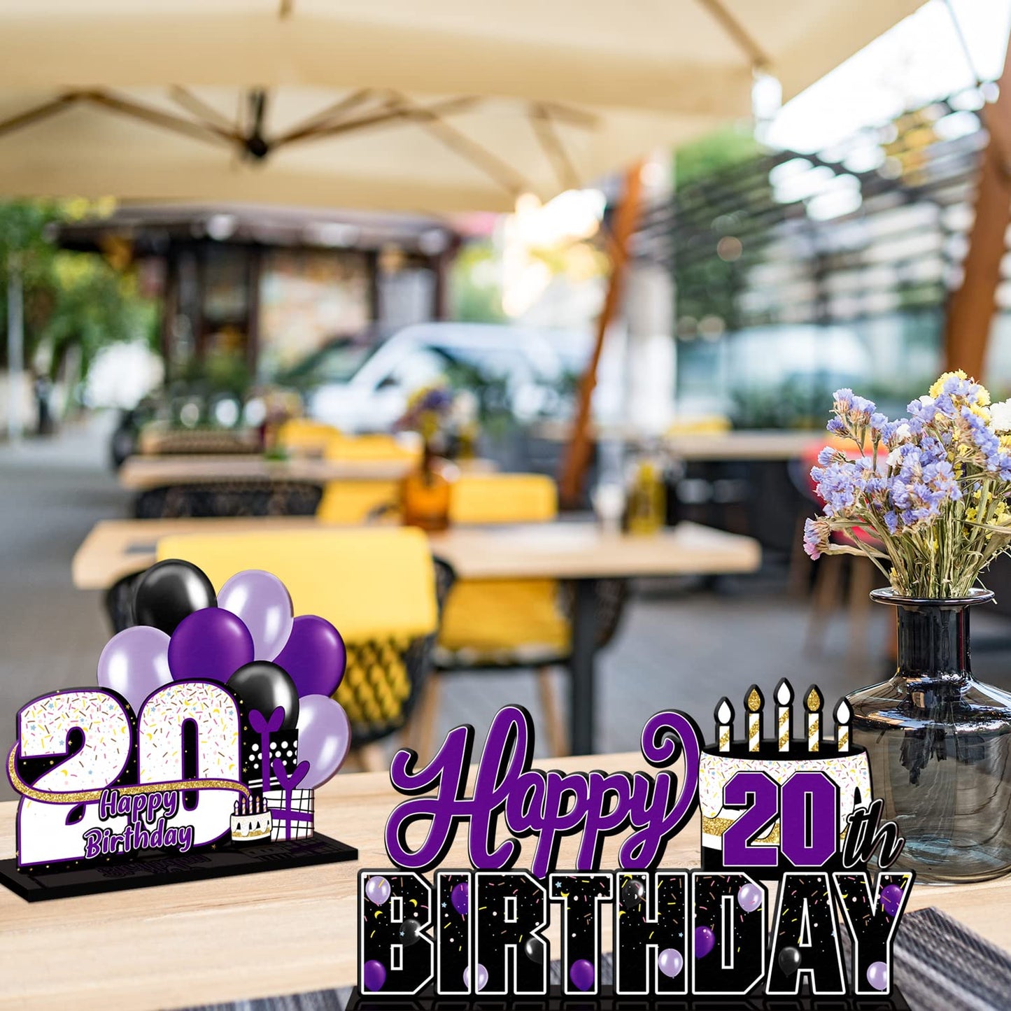 Lingteer Happy 20Th Birthday Purple Acrylic Table Topper Centerpieces Set - Cheers To Twenty Years Old Birthday 20Th Bday Party Gift Decorations.