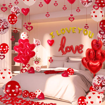 110PCS Valentines Day Balloons with 1000 Pcs Silk Rose Petals I Love You Balloons 50Pcs Heart Hanging and Heart Print Balloons 