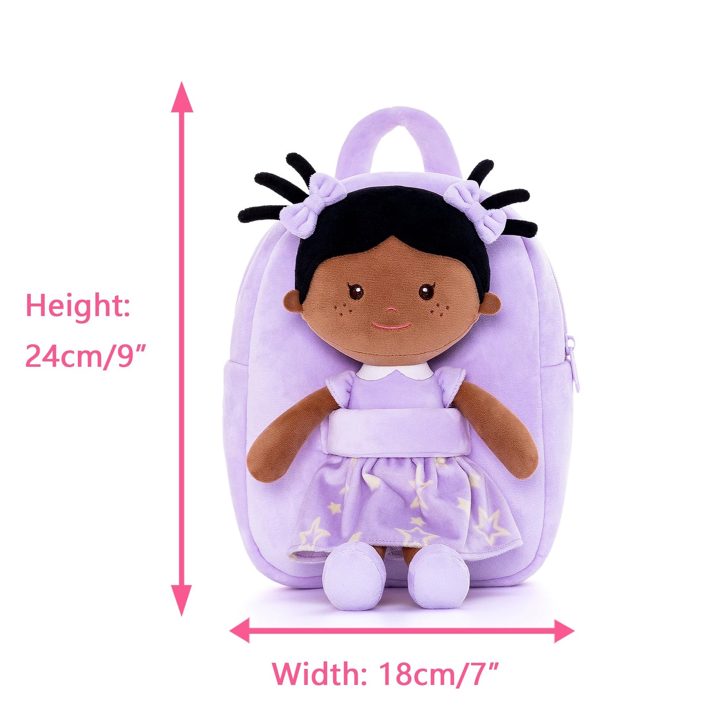 Onetoo Toddler Kids Backpack With Soft Tanned Baby Dolls In Purple Star Dress 9.5''