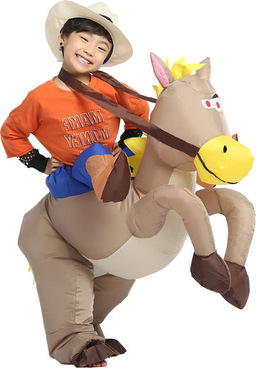 JYZCOS Inflatable Cowboy Costume for Kids Western Horse Rider Fancy Dress Halloween Party Suit (Brown Kid)