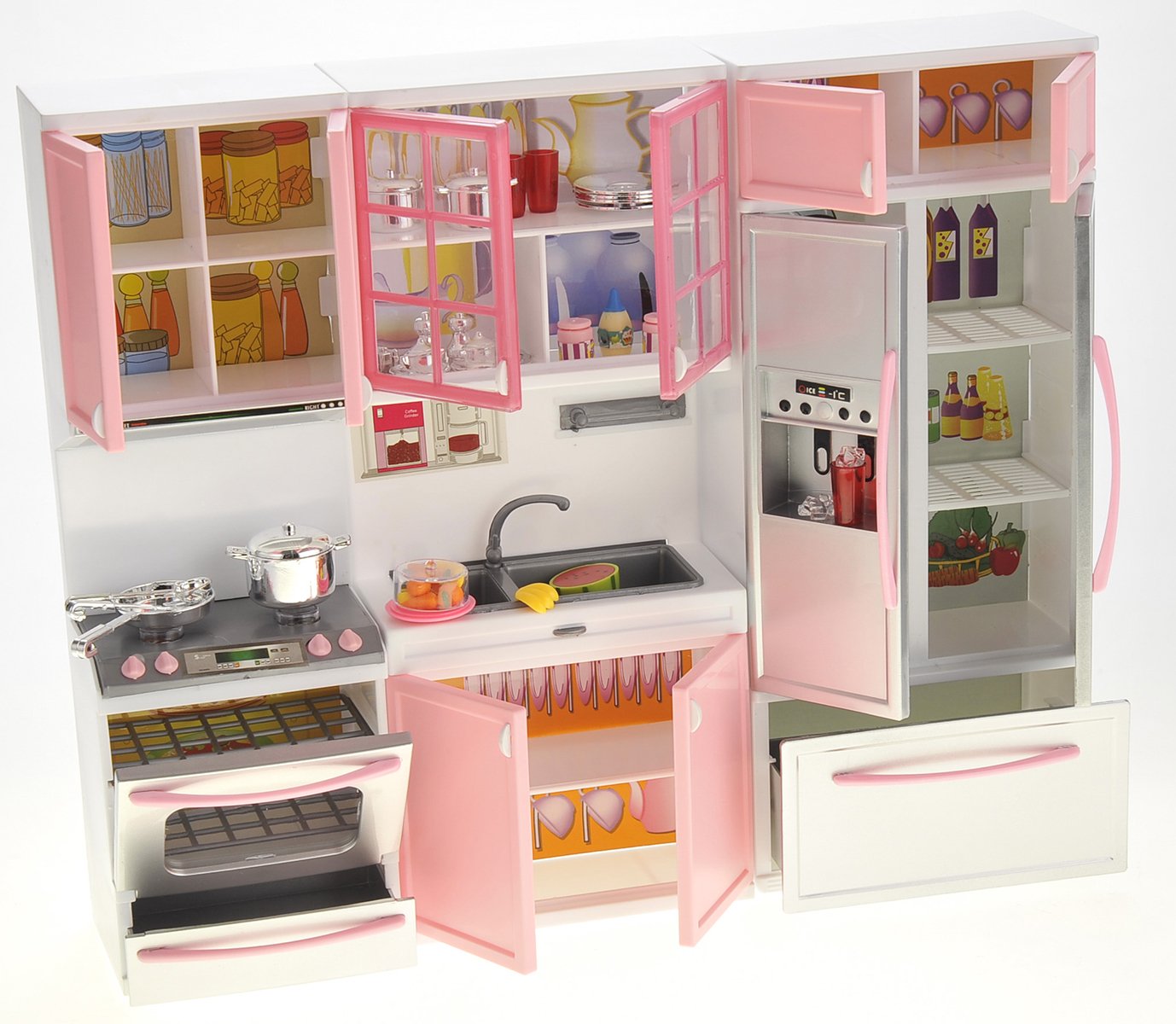 PowerTRC Doll Kitchen Play Set, Mini Modern Toy Pink Kitchen Pretend Play Furnitures Toy Set Accessories Set with Realistic Ligh