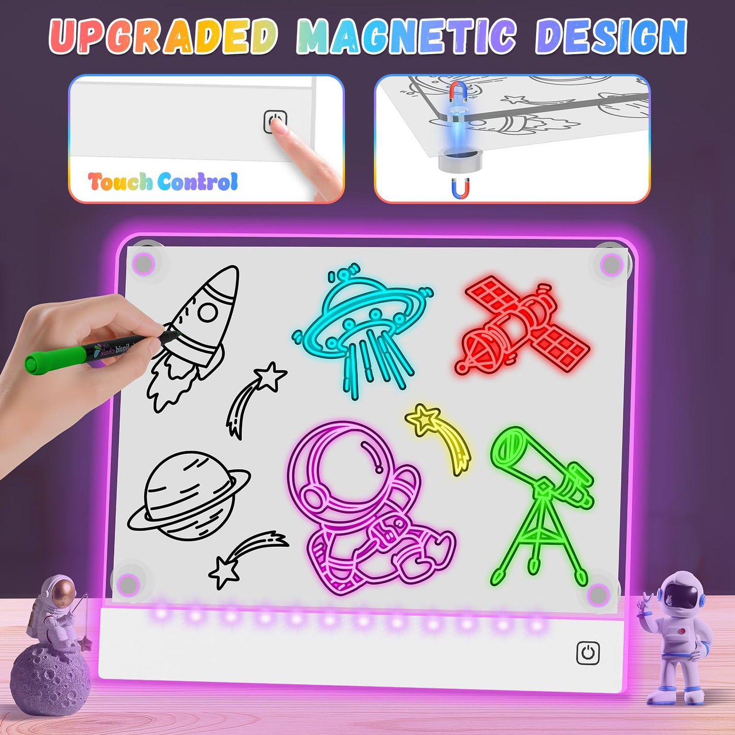 YONHAN Rechargeable LED Drawing Board - Multi-color Acrylic, 10"W x 12.6"H, Magnetic with 4 Magnets & Invisible Stand, Gift Toy for Kids/Girls