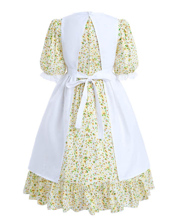 Nuoqi Colonial Costume Girls, Yellow Prairie Dress Girls Pioneer Dress Costume With Apron 4-5
