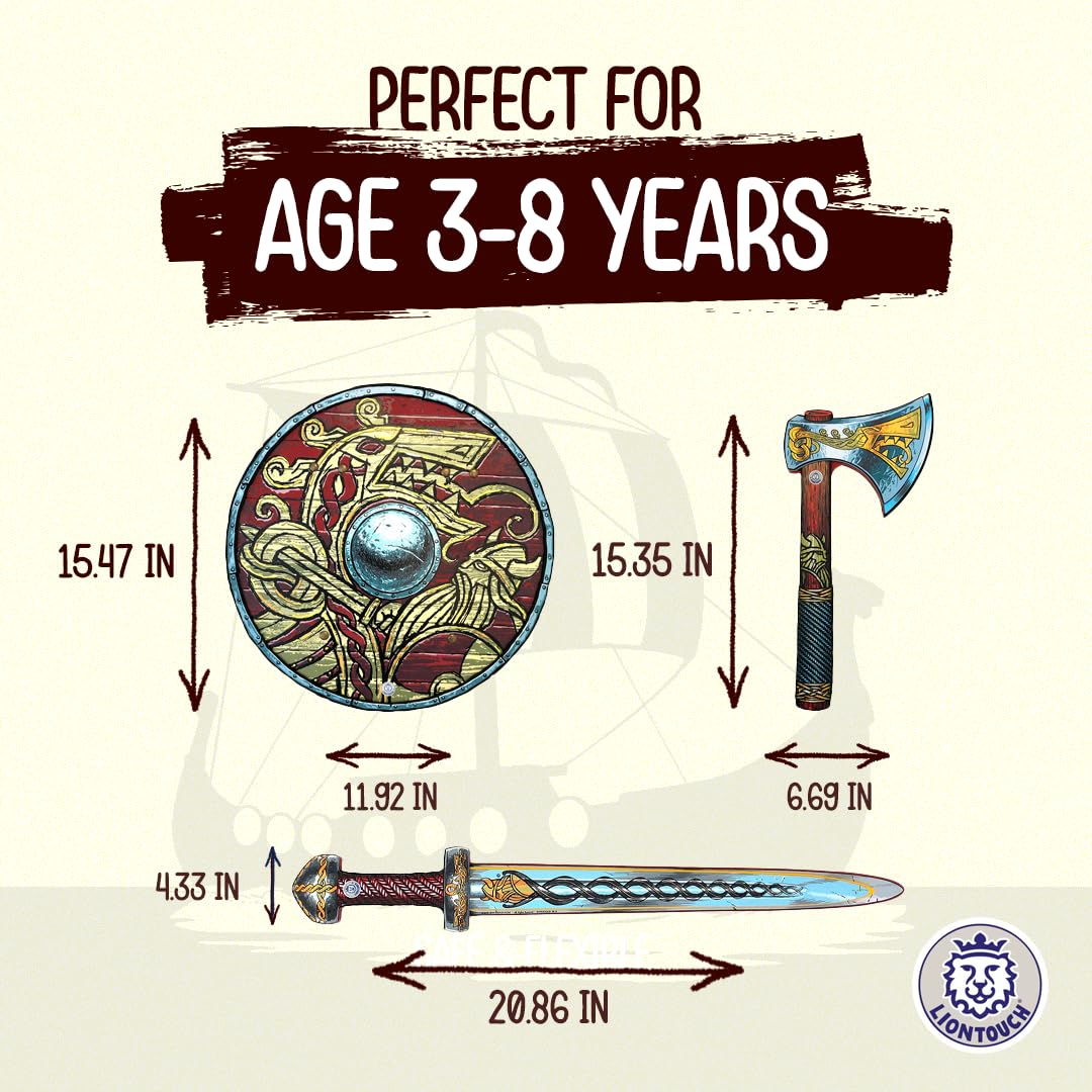 Liontouch - Viking Foam decorative replica blade  Shield & Axe | for Kids Aged 3-8 Years | Chief Haralds Medieval Set for Little Warriors & Berserkers Pretend Play | Safe Weapon Accessories for Dress Up & Costumes