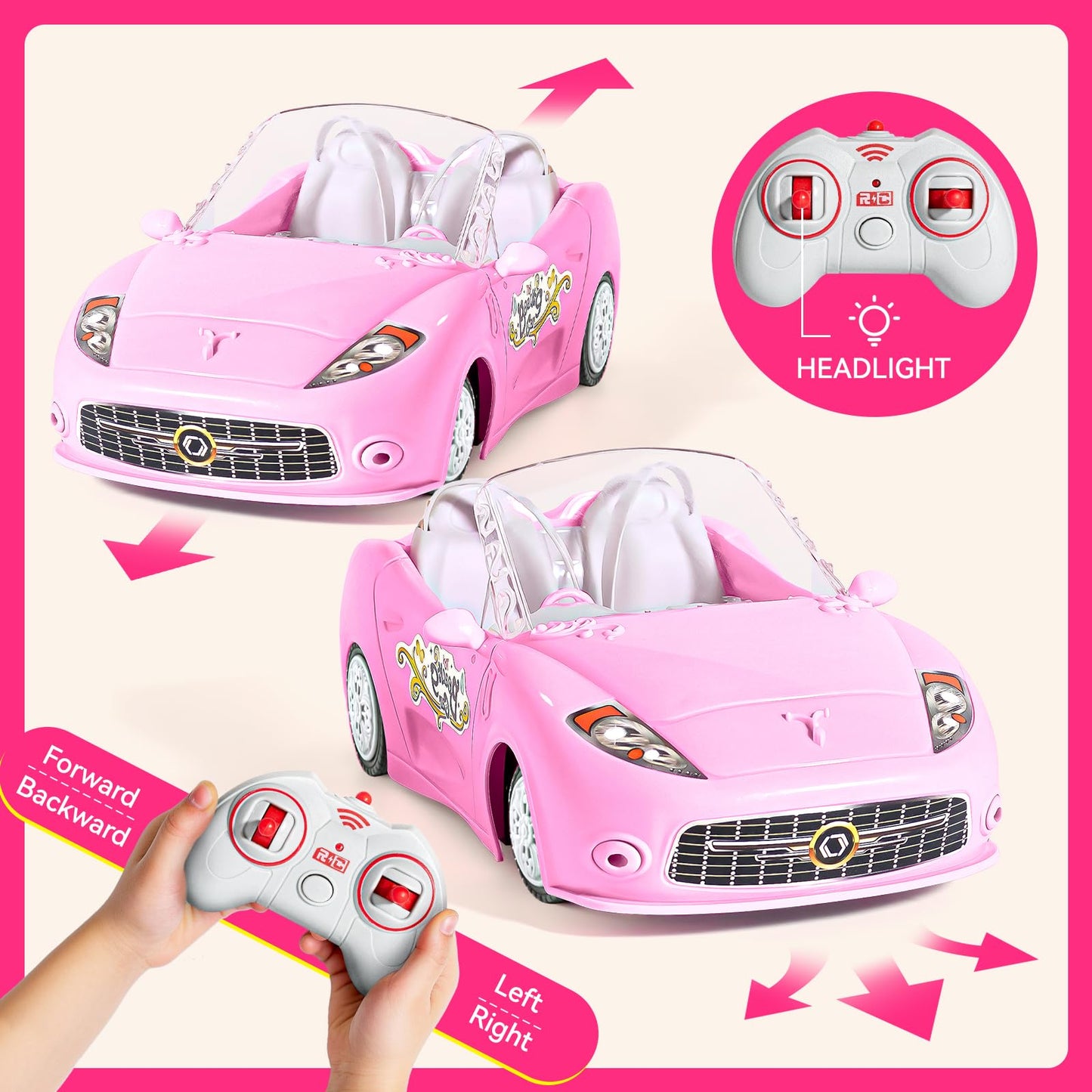 UMONIE Pink Remote Control Car for Girls, 2.4Ghz Racing Car for Toddler, 1:18 RC Car Toys for Kids with Doll, 100 mins with Rech