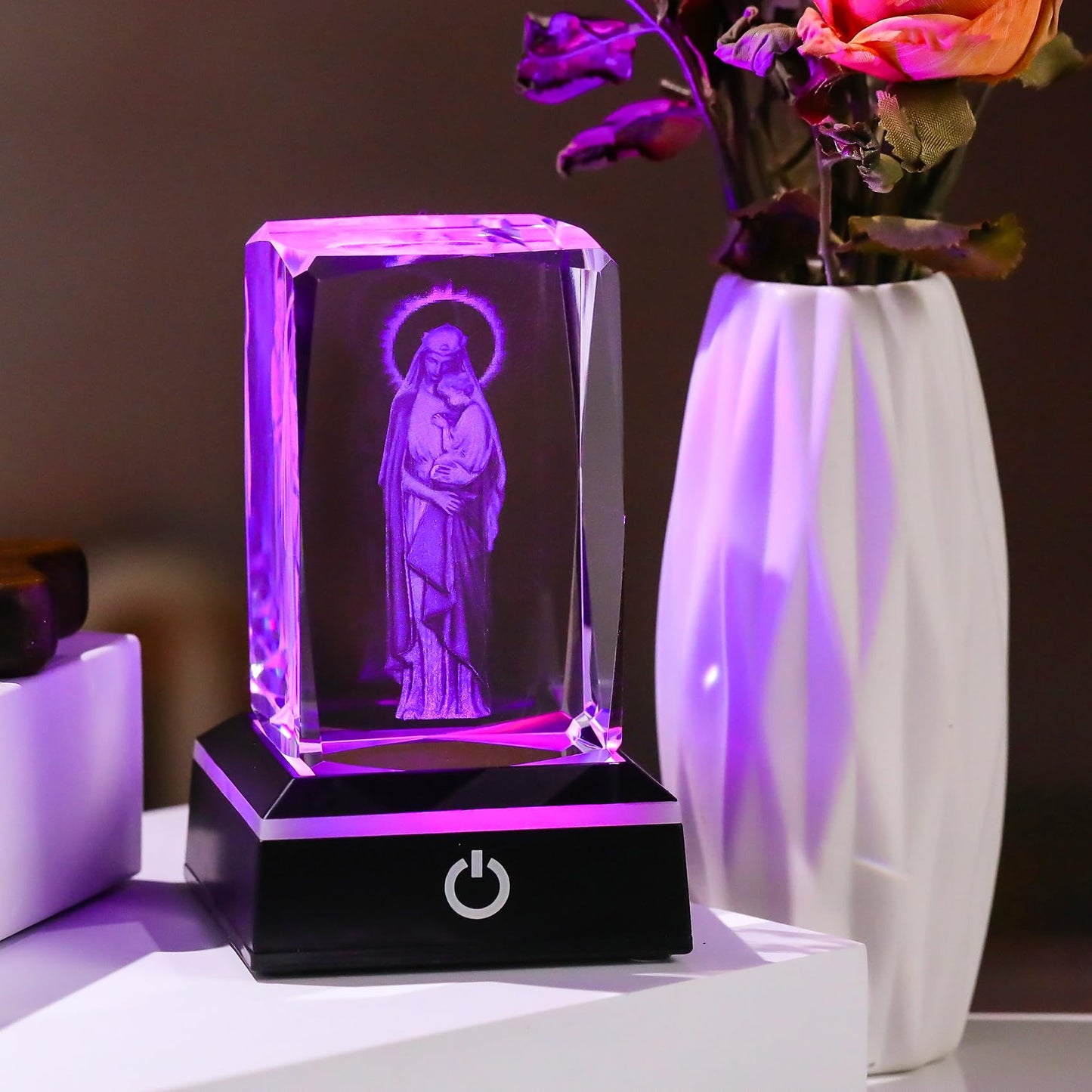 Movdyka Virgin Mary Night Light - 3D Laser Engraved Crystal Cube, 50mm x 50mm x 80mm, Color-Changing LED Base, Model 558