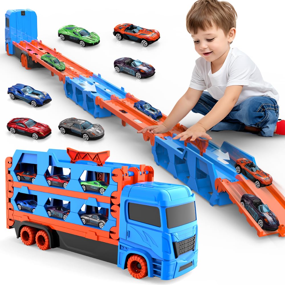 Tiaoniao Transport Truck Toy For Kid, 61-Inch Dual Race Track And Eject Car, 6 Metal Cars And Foldable Storage Carrier Truck Set
