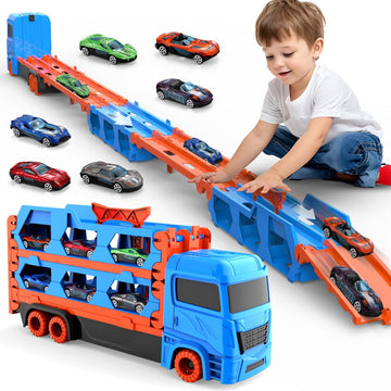 Tiaoniao Transport Truck Toy For Kid, 61-Inch Dual Race Track And Eject Car, 6 Metal Cars And Foldable Storage Carrier Truck Set