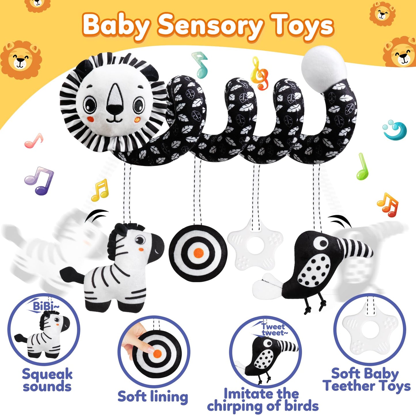 Baby Carseat Toy Black & White Rattle Spiral Hanging Activity Stroller Toy For Newborns Boys And Girls - Lion