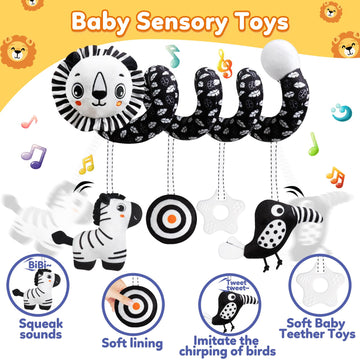 Baby Carseat Toy Black & White Rattle Spiral Hanging Activity Stroller Toy For Newborns Boys And Girls - Lion
