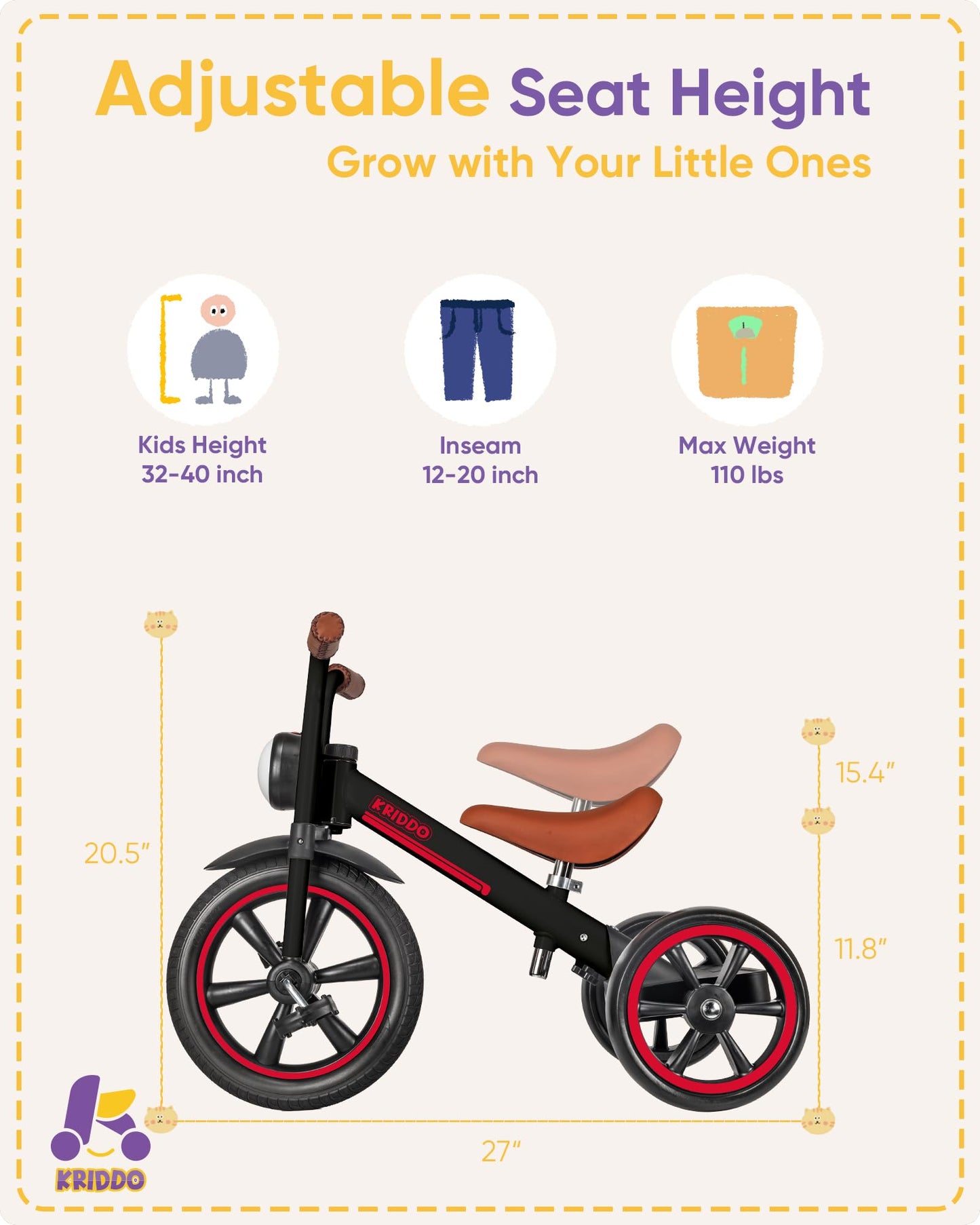 KRIDDO Kids Tricycle, 12 Inch Puncture Free Wheel w Front Light, Adjustable Seat Height, Gift for 2-5 Year Olds, Trike for Toddl