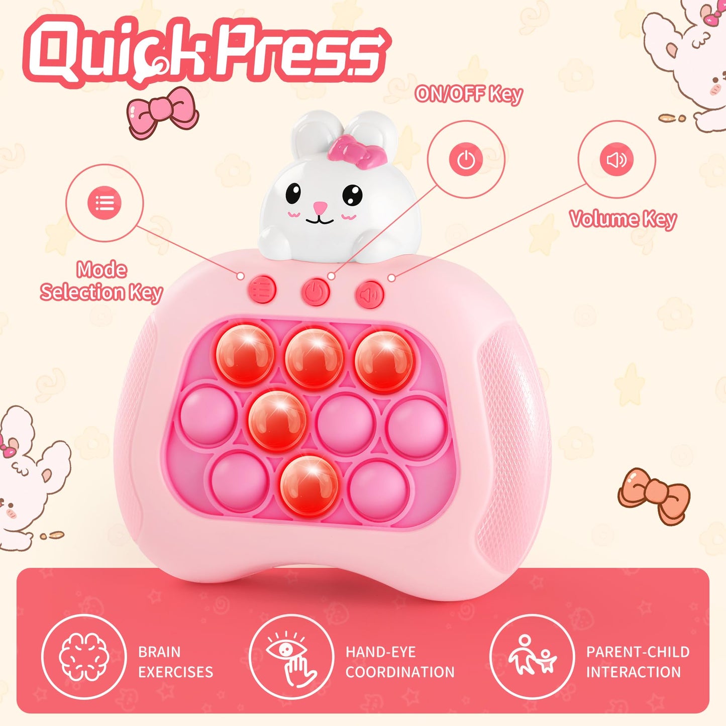 Rabbit Pop Push Game Fidget Toy for Kids Ages 3-12,Handheld Fast Push Game Bunny Console Fidget Toys for Girls Boys,Light Up Sen