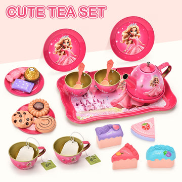 Lajeje 52 Pcs Tea Party Set for Little Girls, Pretend Tin Teapot Set, Princess Tea Time Play Kitchen Toy with Cups, Plates and A