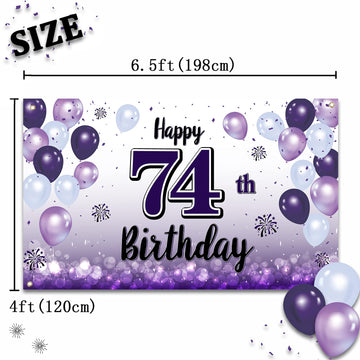 LASKYER Happy 74th Birthday Decorations,74th Purple Balloon Large Birthday Banner Backdrop Sign,74 Years Old Bday Party Supplies