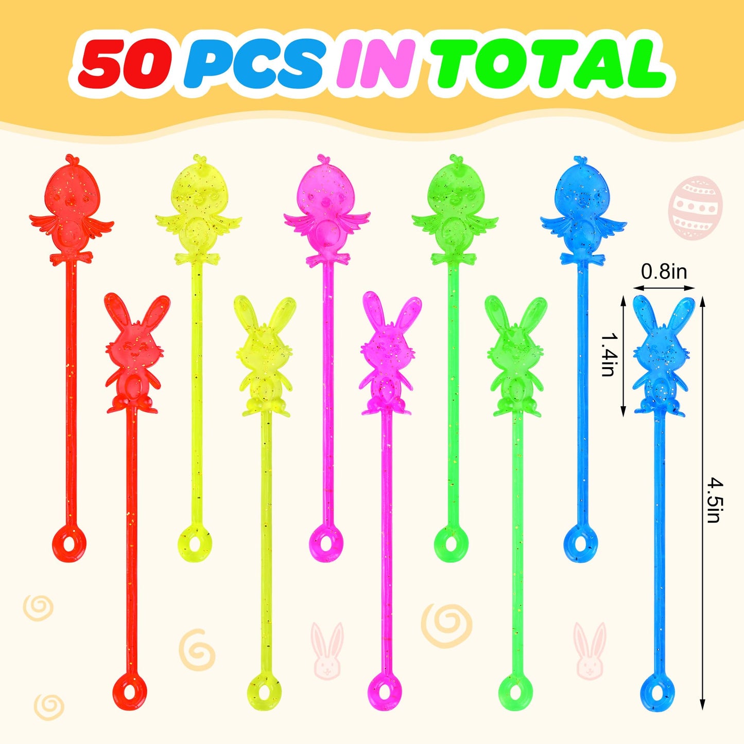 codree 50 Pcs Glitter Easter Sticky Hands Toys, Bunny Chick Stretchy Sticky Hands, Easter Themed Sensory Toy for Kids