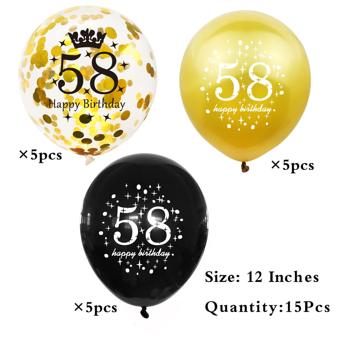 SHUNTAI 58th Birthday Balloons, Black and Gold, 12 Inch Latex Confetti, 15 Pack, Happy 58th Anniversary Party Supplies
