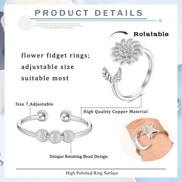 FIBO STEEL Fidget Anxiety Rings - 9 Pcs Spinner Rings, Adjustable, Silver-tone, Stress Relief, Open CZ Flower Moon Star Design