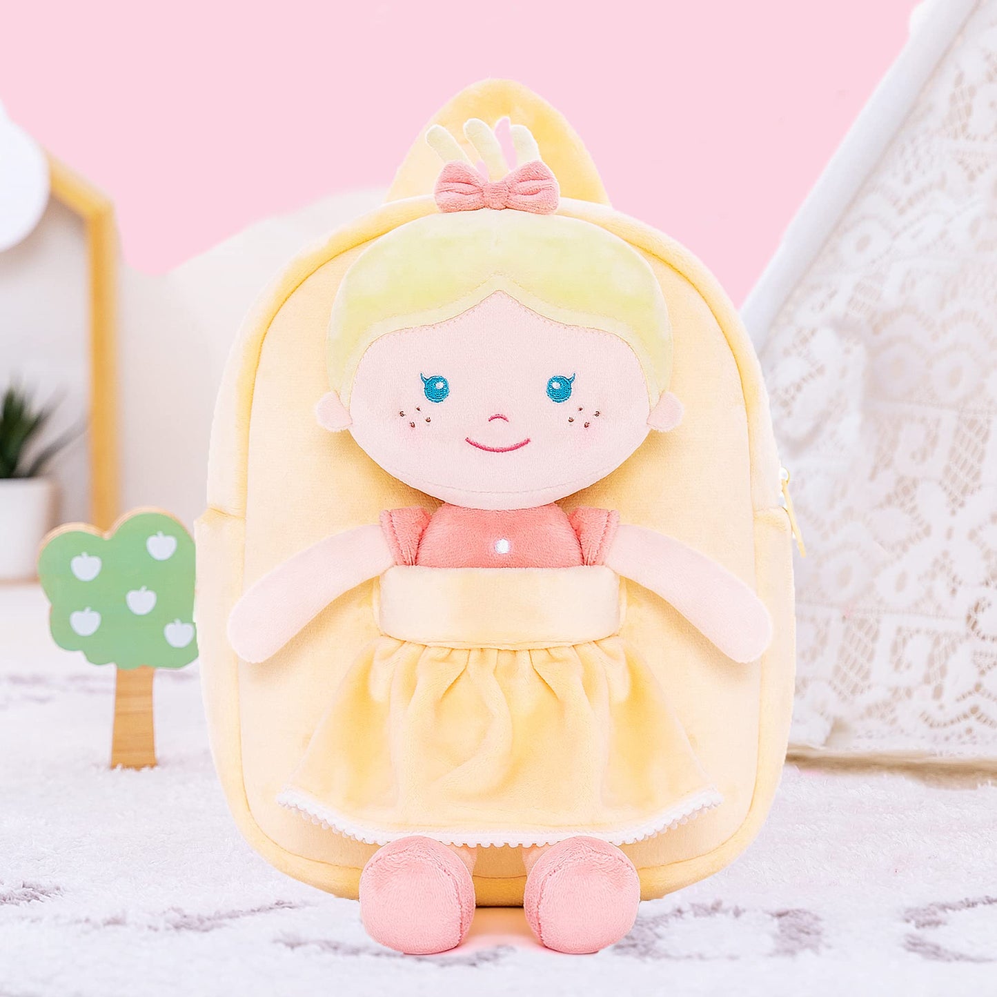 Onetoo First Baby Doll Plush Rag Doll Soft Baby Doll For Girls Sleeping Cuddle Buddy Doll Wear Yellow Dress 9.5''