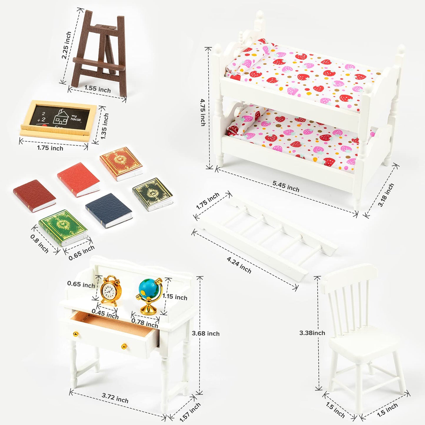 Samcami Miniature Dollhouse Furniture 1 12 Scale - Wooden Dollhouse Bed Set - Doll House Furniture Toys Incl Doll Bed, Desk, Books, Blackboards And Other Dollhouse Accessories