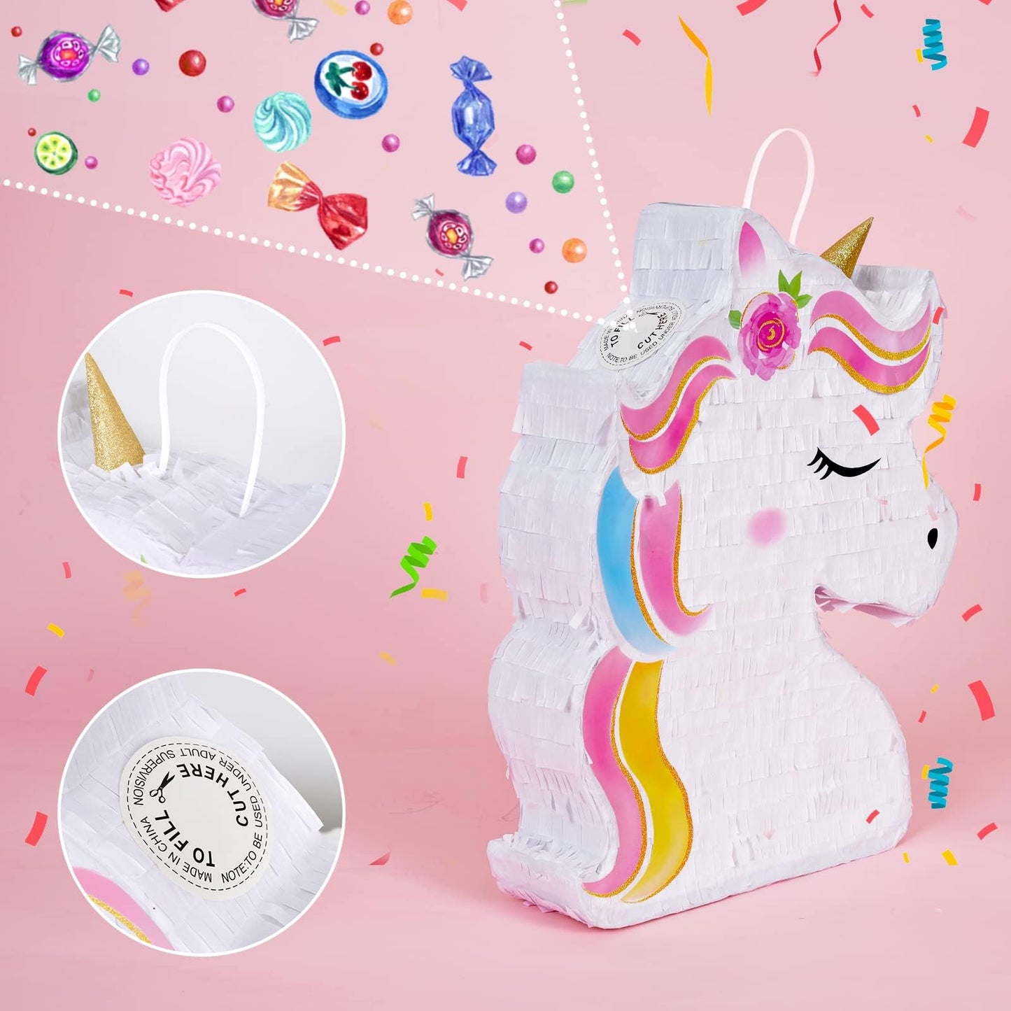WERNNSAI Unicorn Piñata - Rainbow Birthday Party Supplies with Bat & Blindfold, 15.7" x 12.2", Paper, Unicorn B Color