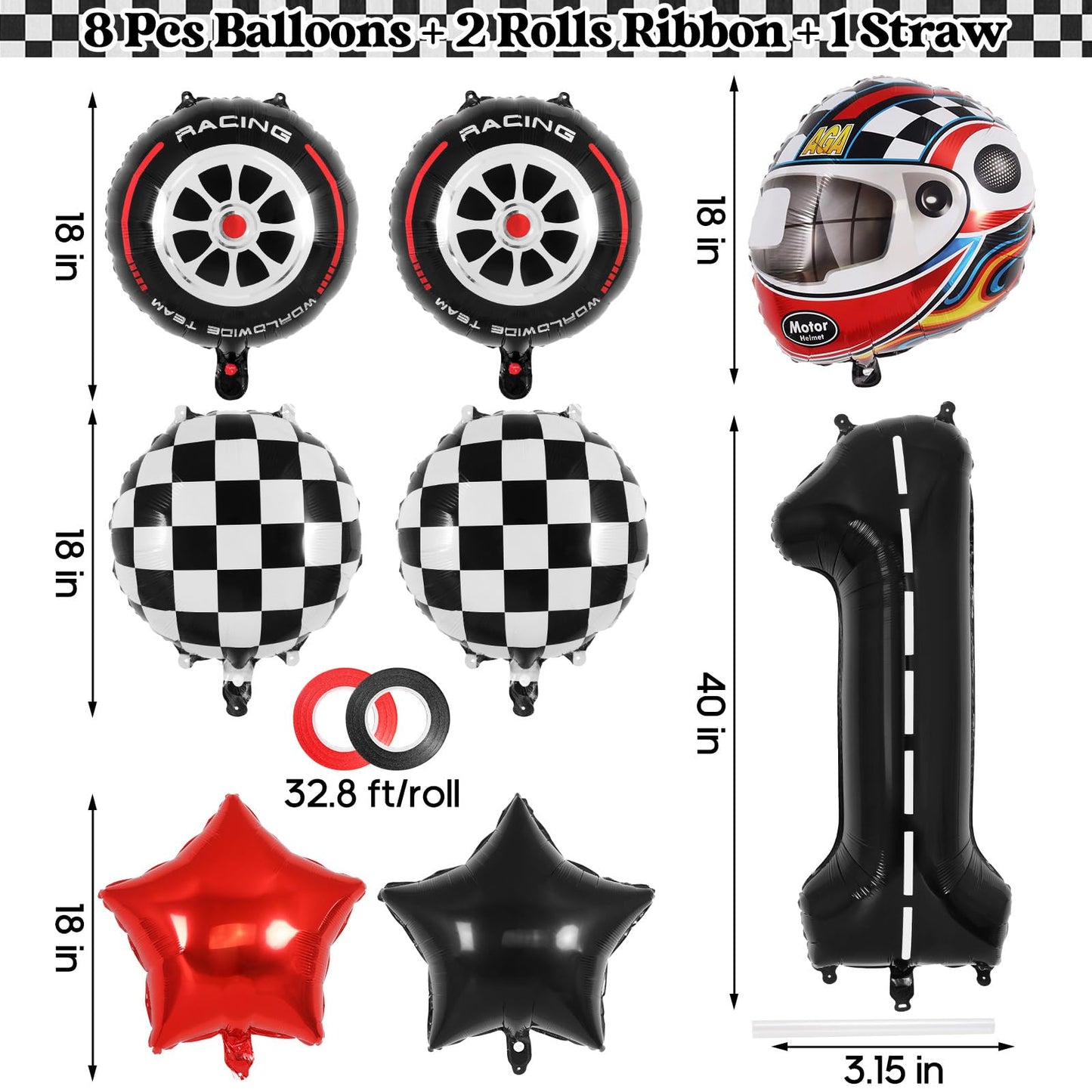 Race Car 1 Balloons, 40 Inch Racetrack Number 1 Balloon, Large Foil Mylar Racetrack Black 1 Balloon For 1St First Birthday Race
