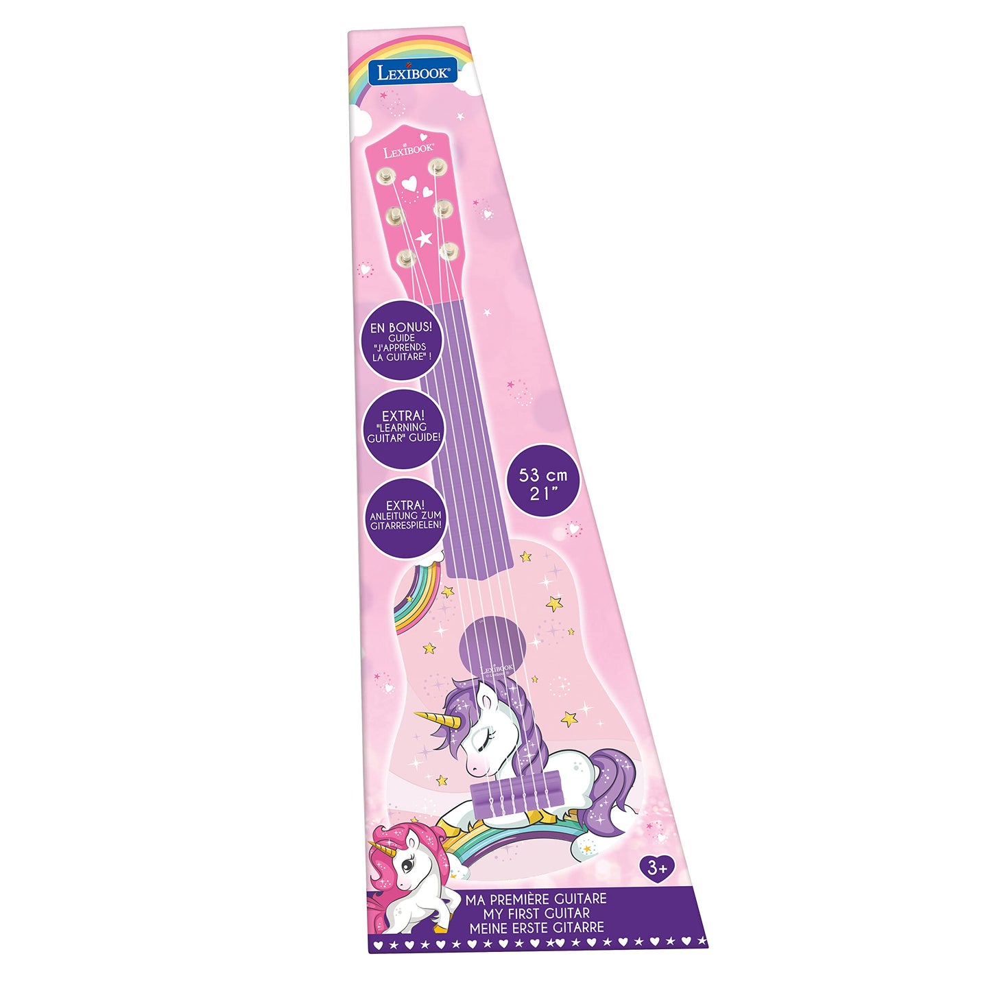 Lexibook, Unicorn, My First Guitar Unicorn For Children, 6 Nylon Strings, 21'' Long, Guide Included, Pink/Purple, K200Uni