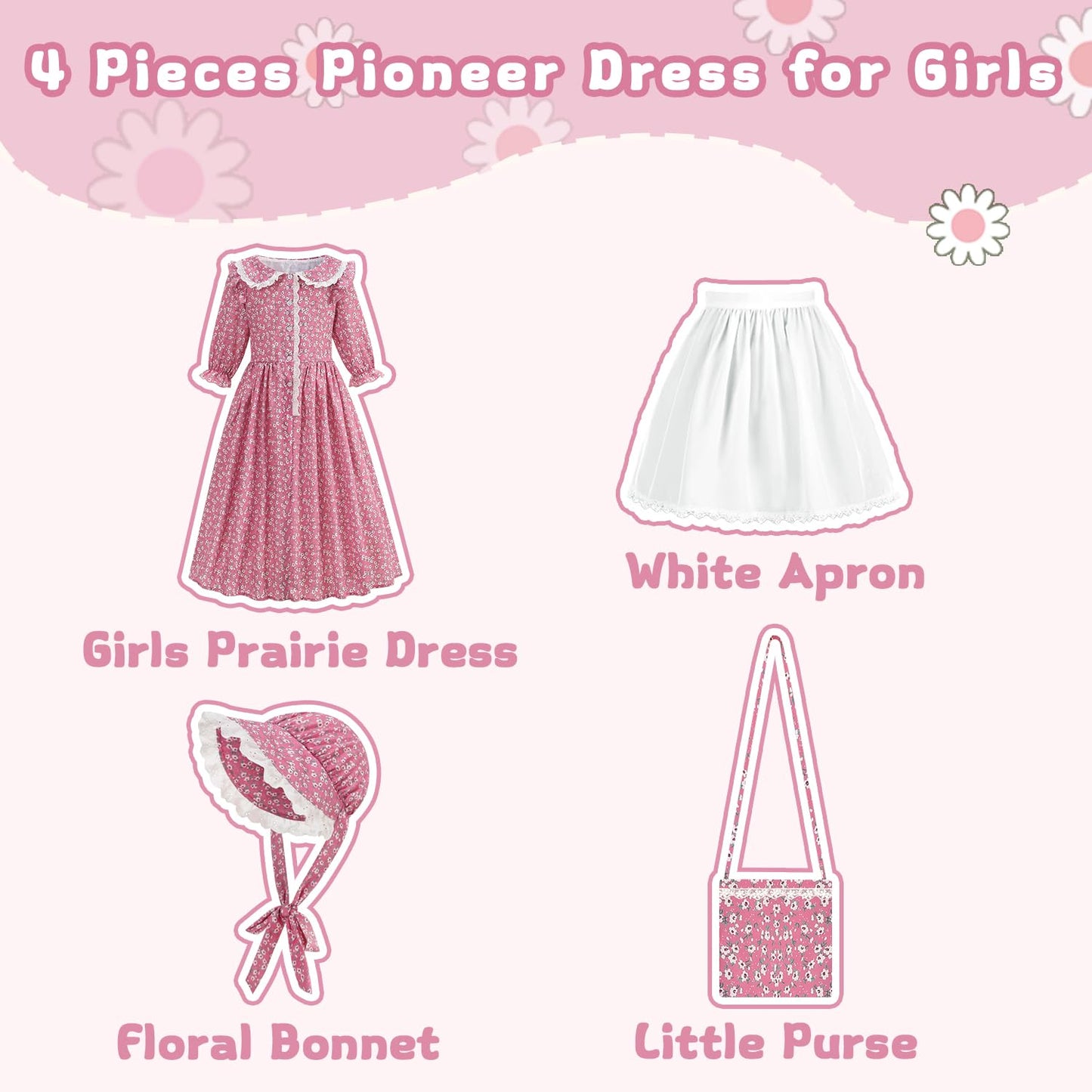 Aoiviss Girls Pioneer Costume Floral Colonial Prairie Dress for Little Kids with Apron and Bonnet, Pink