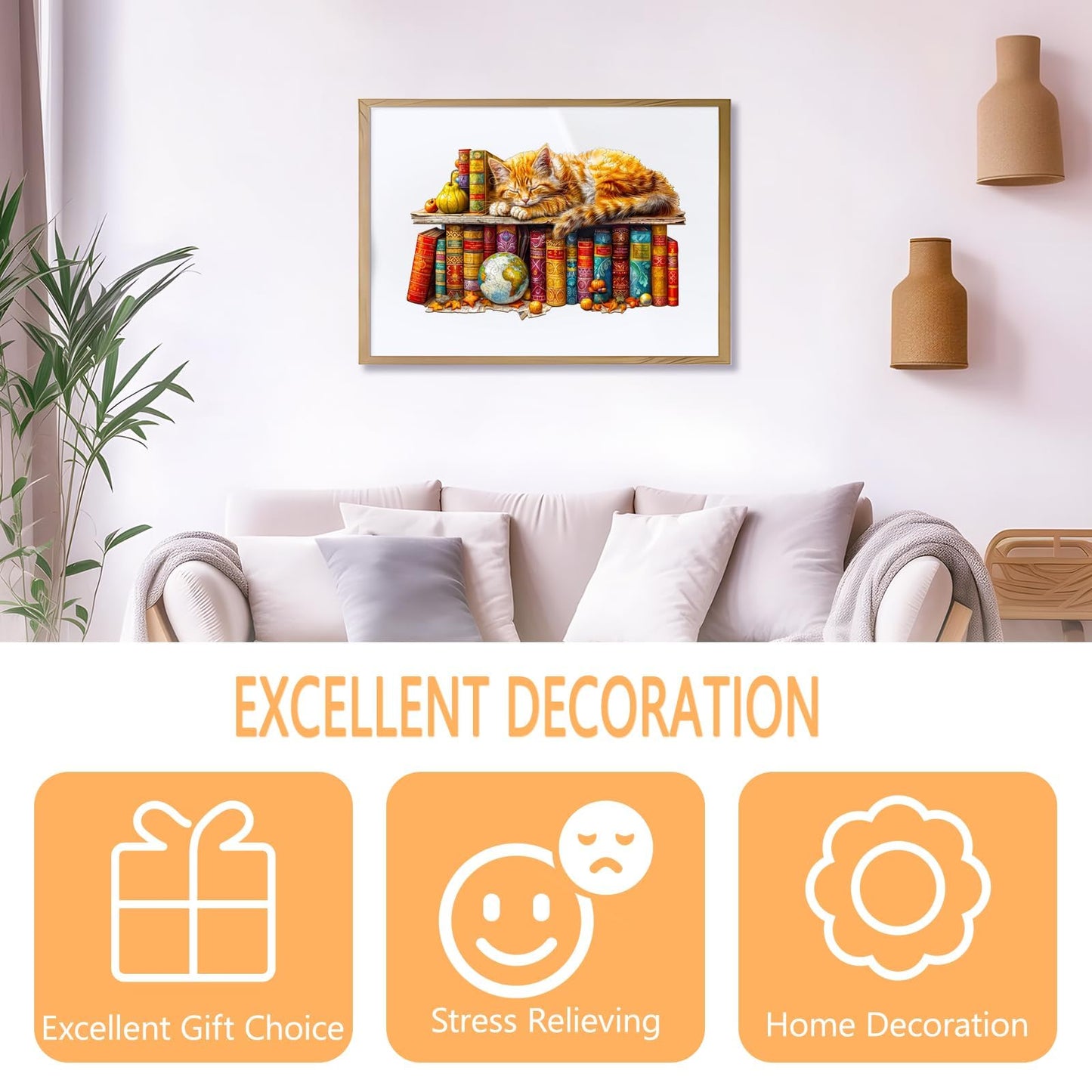 Wooden Puzzles for mature-themeds  Dreamy Tabby Cat Wooden Jigsaw Puzzles for mature-themeds  Library Kitten Wood Puzzles mature-themed  Unique Animal Shape  Gifts for Cat Lovers & Friends  Home Decor (M-11.4 * 7.2in-190pcs)