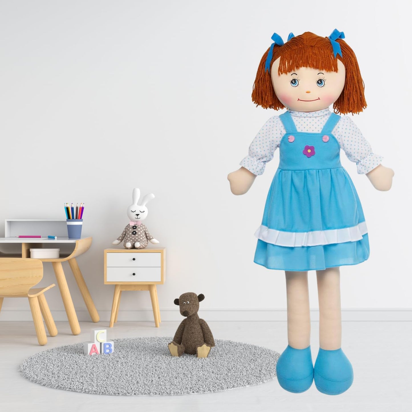 Love & Hug 36' Huggable Soft Doll | Blue Dress| Stuffed Plush Doll With Blue Dress And Soft Yarn Hair | Baby Doll Soft Toy For Kids And Toddlers To Love And Hug, Birthday Gift (Blue)