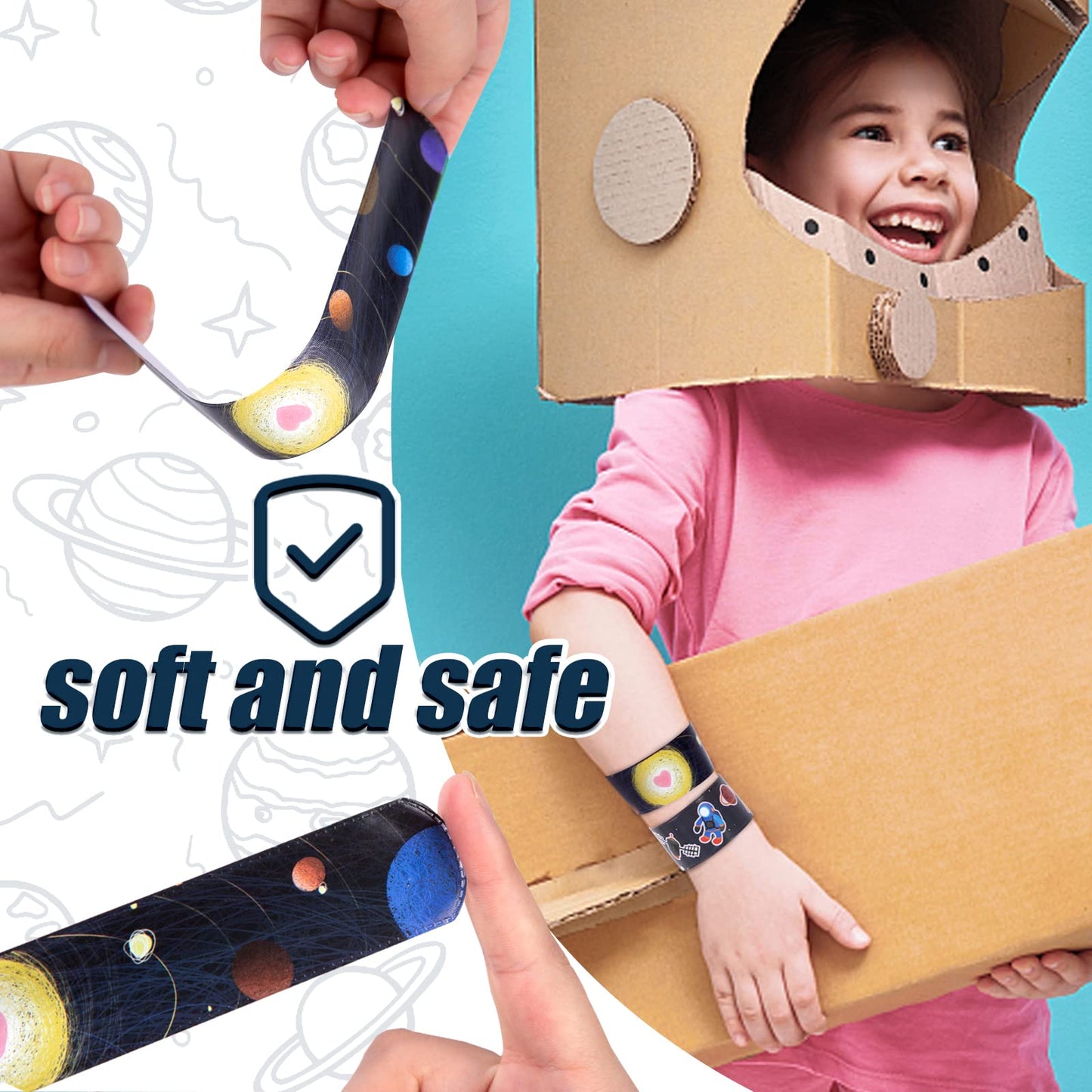 MCPINKY Slap Bracelets, 48PCS Kids Slap Wristbands with UFO Astronaut Space Stars Pattern Snap Bracelets for Valentine's Day Par