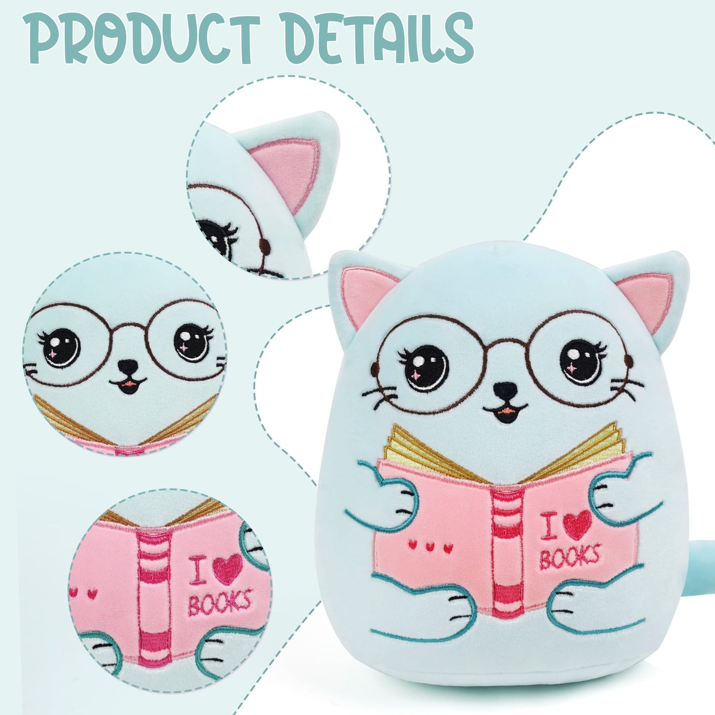 SEAOPOP Cute Cat Stuffed Animal: 8 Inch Blue Cat Book Lover Gifts Soft Reading Buddies Plush Toy  Plushie Pillow Gifts for Kids Girls Boys  Bookworm Classroom Decor
