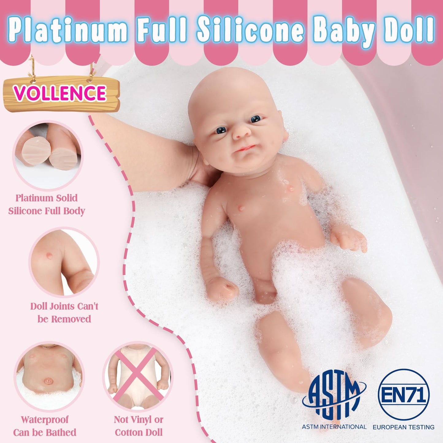 Vollence 14'' Full Silicone Realistic Baby Doll - Lifelike Platinum Boy