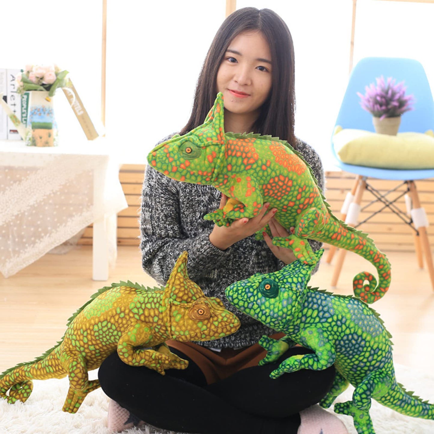 Simulation Chameleon Stuffed Plush Toy - Lizard Plushietoy, Real Life Reptiles Wild Lizard Chameleon Stuffed Animal Toys Gifts For Kids,(27.5 Inches) (Yellow + Green)