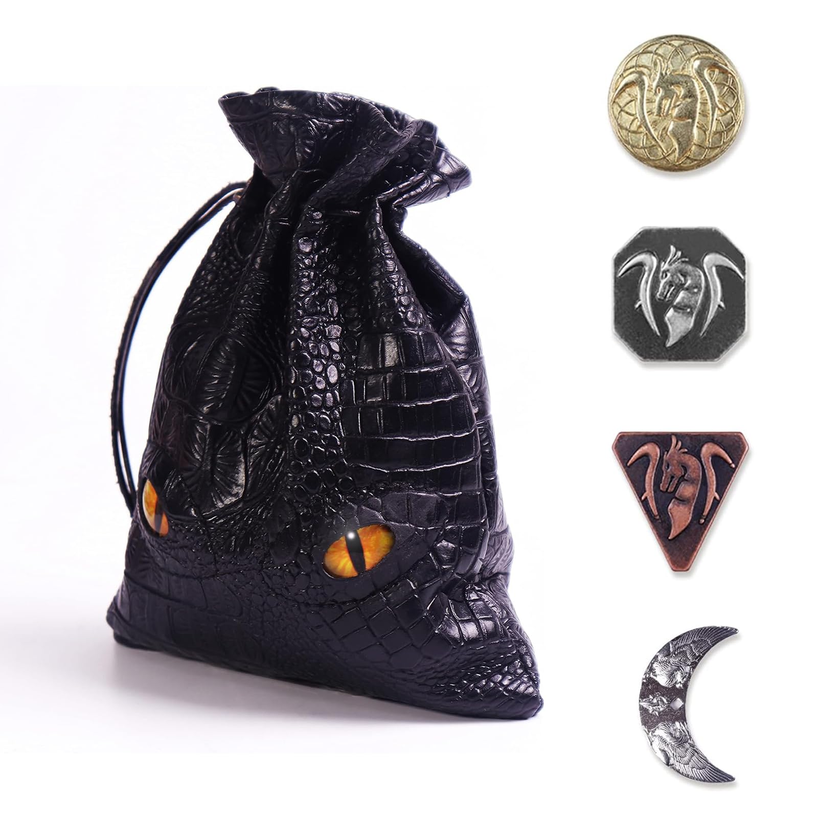 Byhoo 145 Pcs Metal Dnd Coins & Leather Bag, Contains 60 Gold Coins, 40 Sliver Coins, 40 Copper Coins And 5 Platinum Coins, Toke
