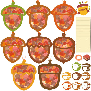 Renbuzhu 40PCS Fall Crafts Bulk: Acorn Paper Suncatchers DIY Kit for Autumn Thanksgiving Activities Decorations, Window Stained 