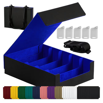 Scimi Magnetic Leather Trading Card Storage Box - 5-Row Deck Case Design  3900+ Capacity for YuGiOh  MTG  TCG and Sports Cards  Includes 24 Colorful Dividers & 5 Card Supports( Black/Blue)