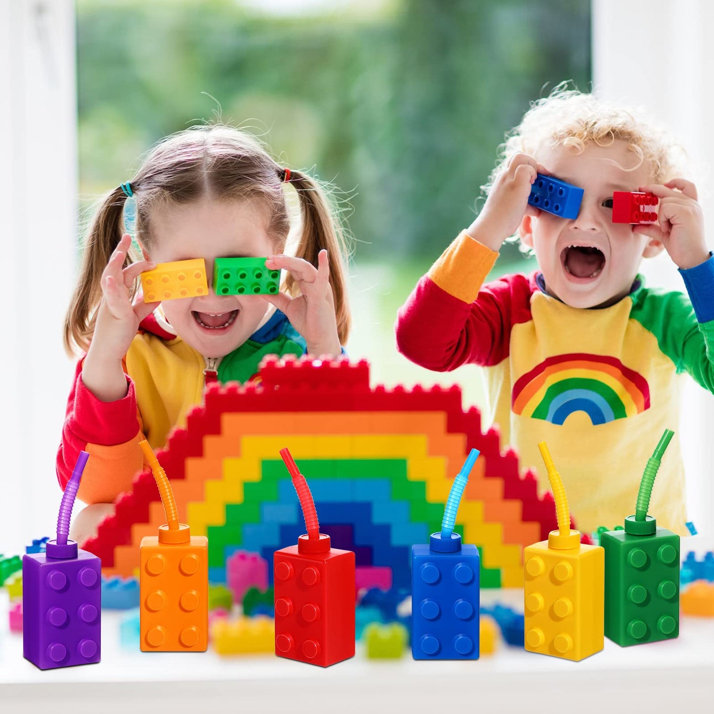 Sawysine 12 Set Building Blocks Cups 10 oz Blocks Reusable Party Favors Cup Plastic Colored Brick Drinking with Lids and Straws