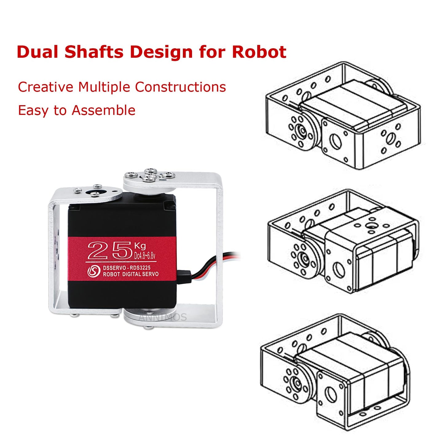 ANNIMOS 25KG Robot Servo Motor High Torque Full Metal Gear Digital Steering Servos with Mount Brackets