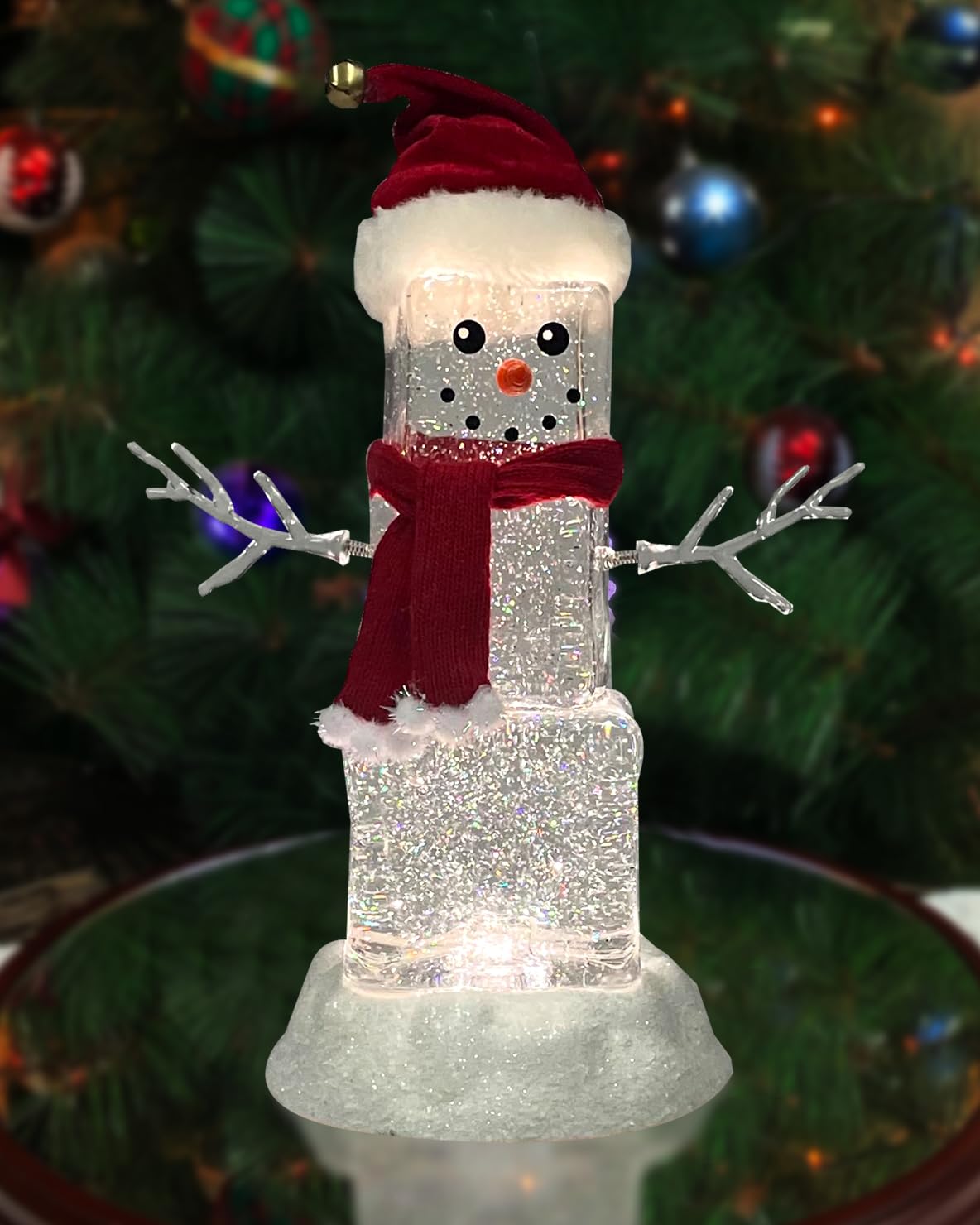 MOMENTS IN TIME 11.3H Acrylic Ice Cube Snowman - LED Lights, Water Spinning Glitter, Battery Operated