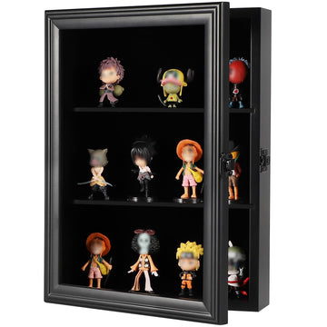 Verani Action Figure Display Case - Wall Mount Wood Cabinet For Minifigures Action Figures - Lockable Black Lock With Real Glass