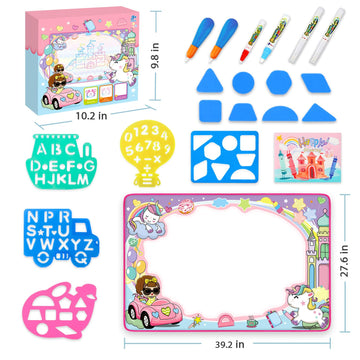 Water Doodle Mat- Kids Painting Writing Doodle Board Toy - Color Drawing Mat Bring Magic Pens Educational Toys For Age 3 4 5 6 7 8 9 10 Year Old Girls Boys Toddler Present