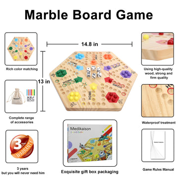 Medikaison Wahoo Board Game - Double Sided Painted Wooden Fast Track for 4-6 Players, 14.8 IN, Small Log, Includes 24 Marbles & 6 Dice