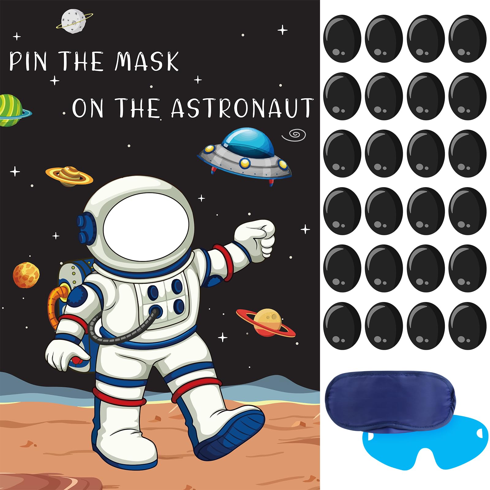 Hxezoc Pin The Mask On The Astronaut Game With 24 Pcs Mask Stickers, Large Astronaut Party Games Poster For Kids Solar System Outer Space Birthday Party School Classroom Carnival Party Supplies