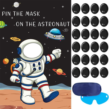 Hxezoc Pin The Mask On The Astronaut Game With 24 Pcs Mask Stickers, Large Astronaut Party Games Poster For Kids Solar System Outer Space Birthday Party School Classroom Carnival Party Supplies